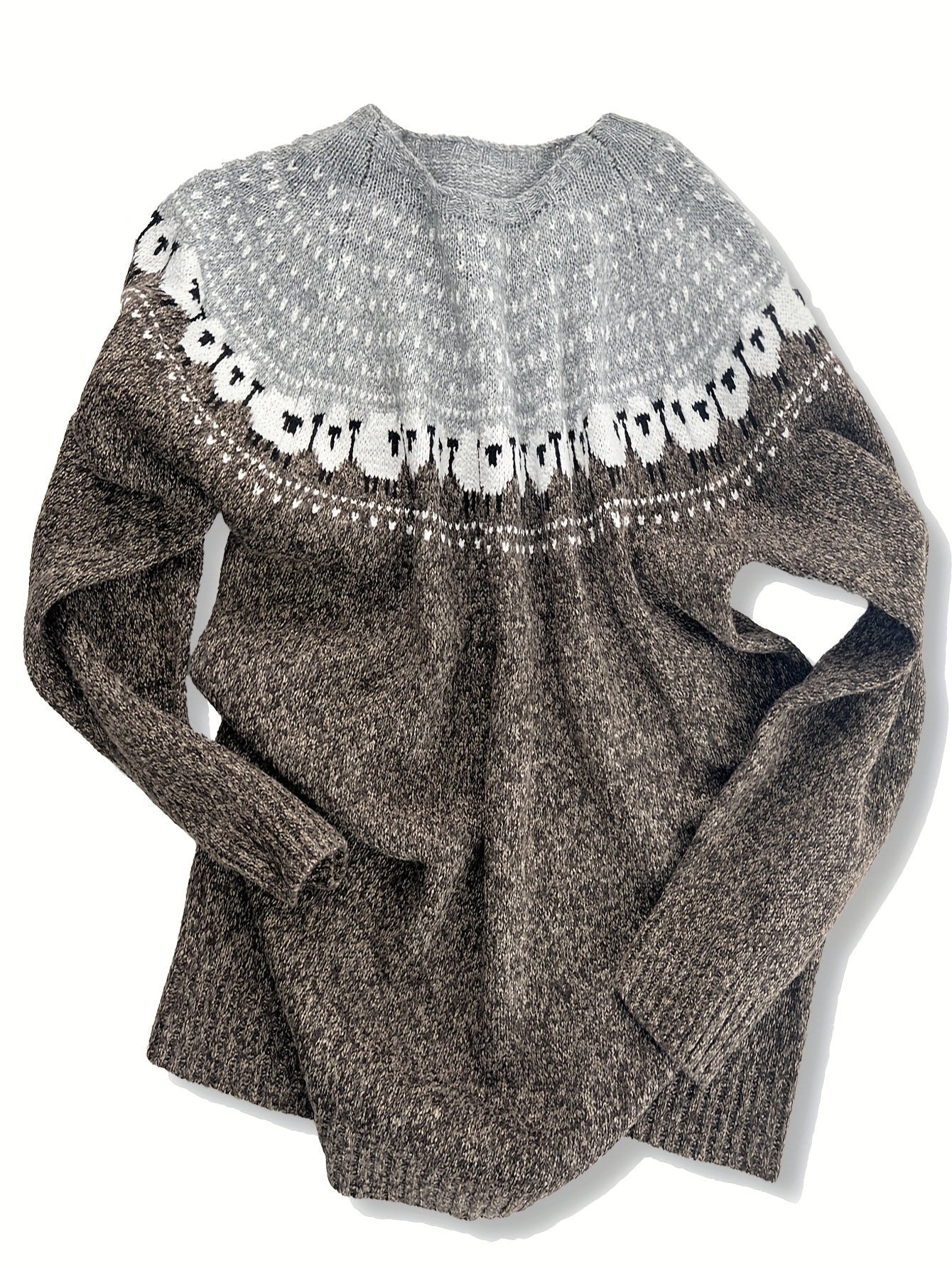 Women's Chunky Knit Sheep Jacquard Colorblock Pullover Sweater