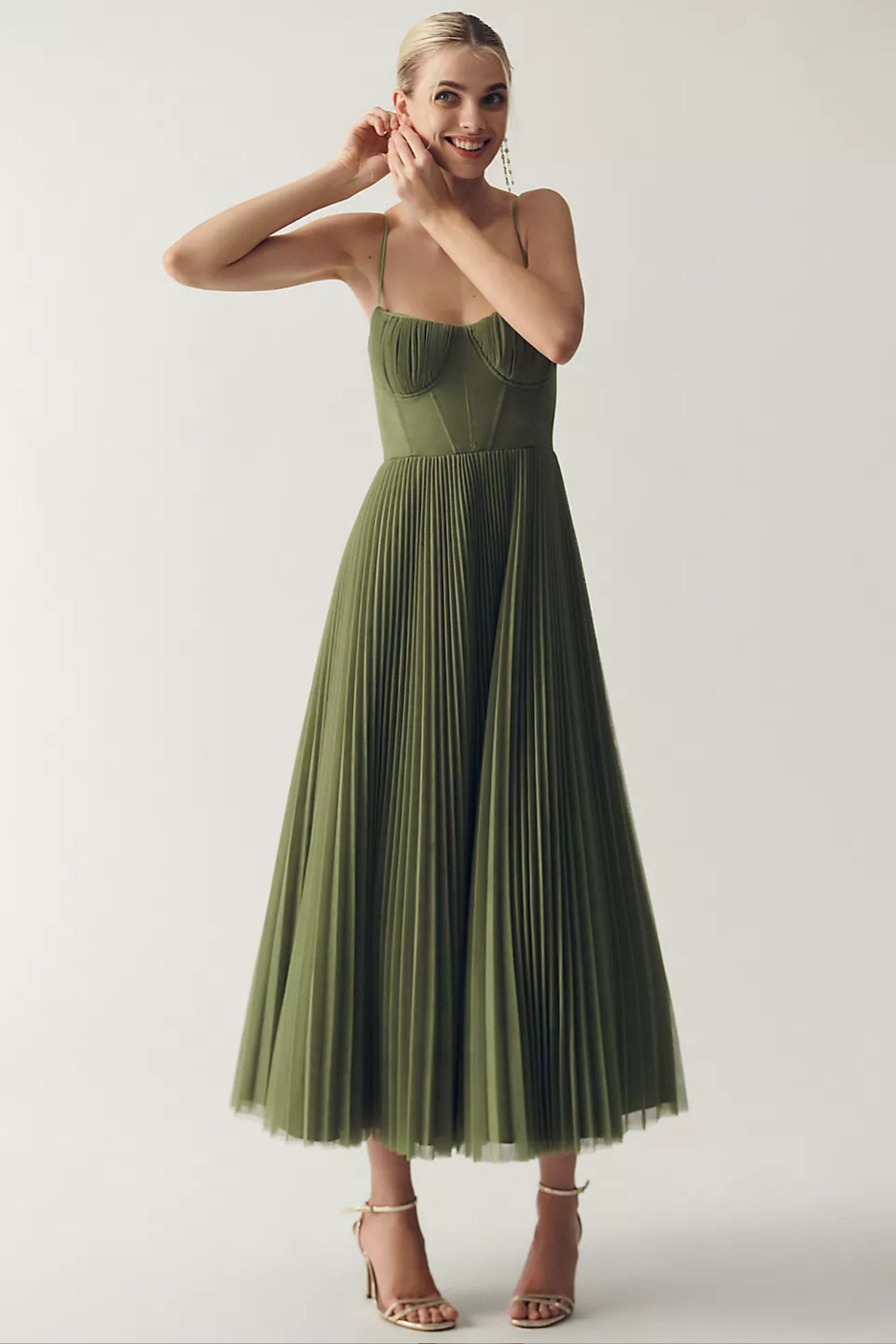Women's Corset-Bodice Pleated Tulle Midi Slip Dress