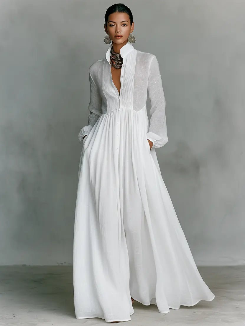 Women's Cotton-Linen Button-Front Stand Collar Maxi Shirt Dress