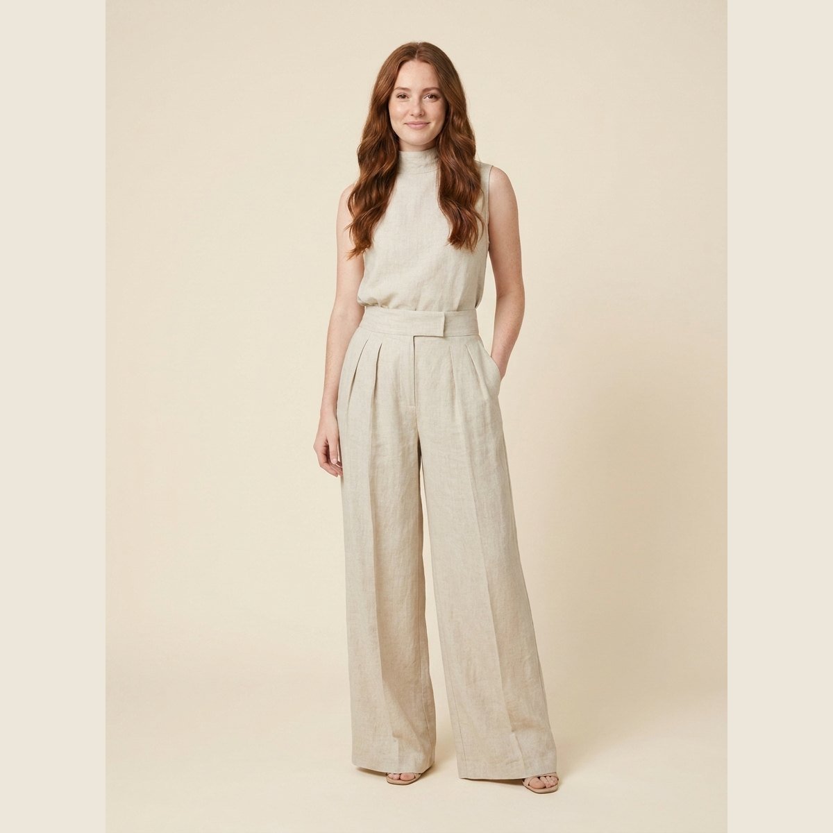 Women's Cotton-Linen Mock-Neck Sleeveless Blouse Wide-Leg Pants Set - Khaki