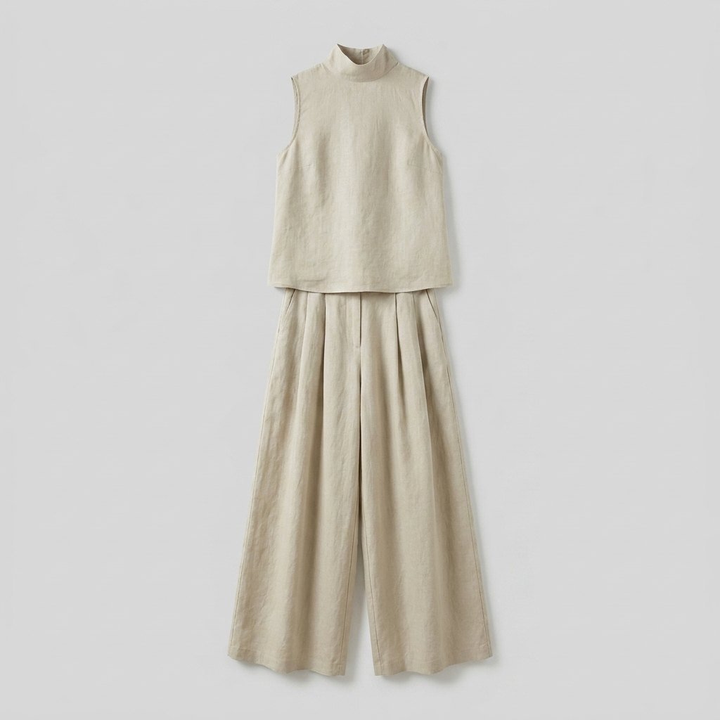 Women's Cotton-Linen Mock-Neck Sleeveless Blouse Wide-Leg Pants Set