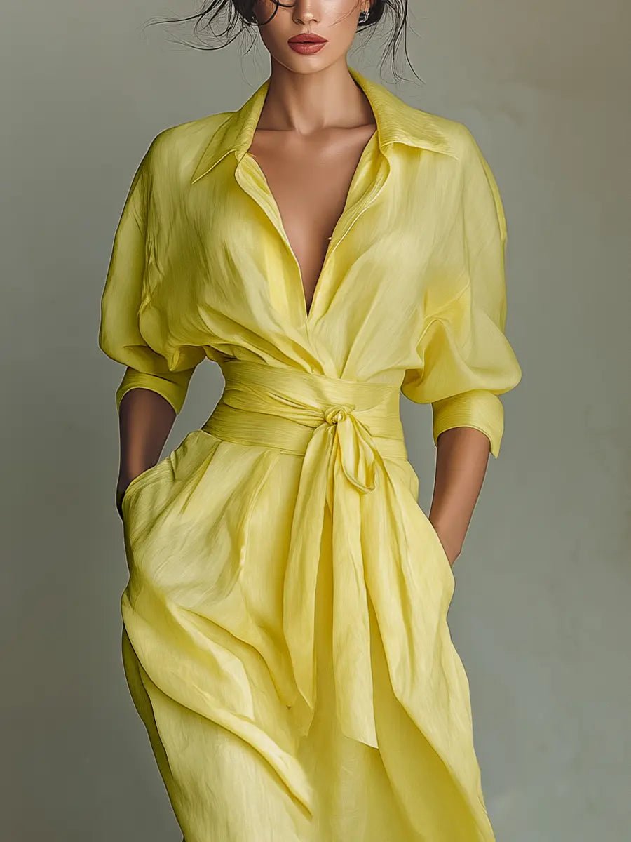 Women's Cotton-Linen Tie-Waist Deep V-Neck Maxi Shirt Dress