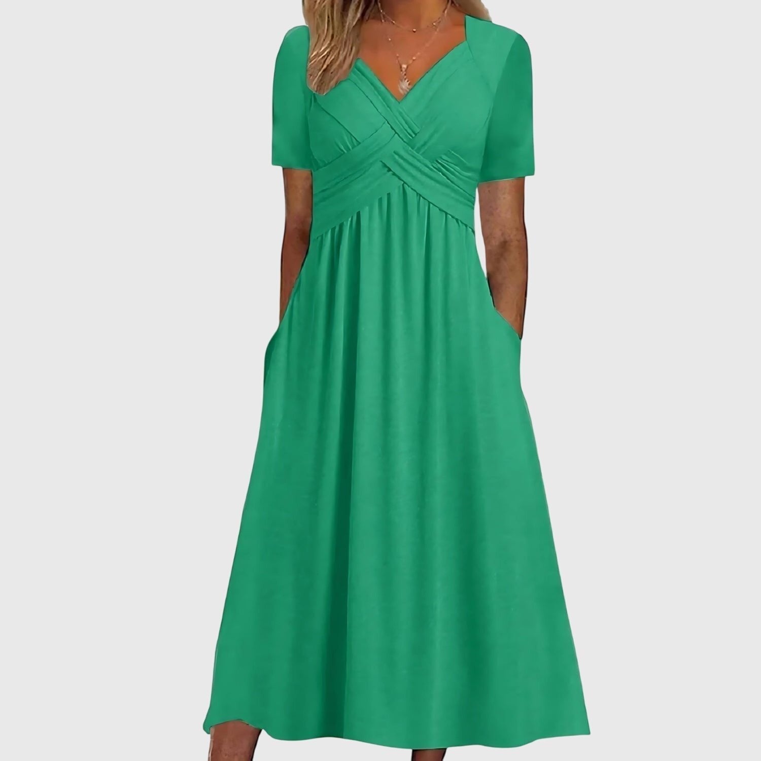 Women's Cross-Wrap V-Neck Ruched A-Line Midi Dress Pockets - Green
