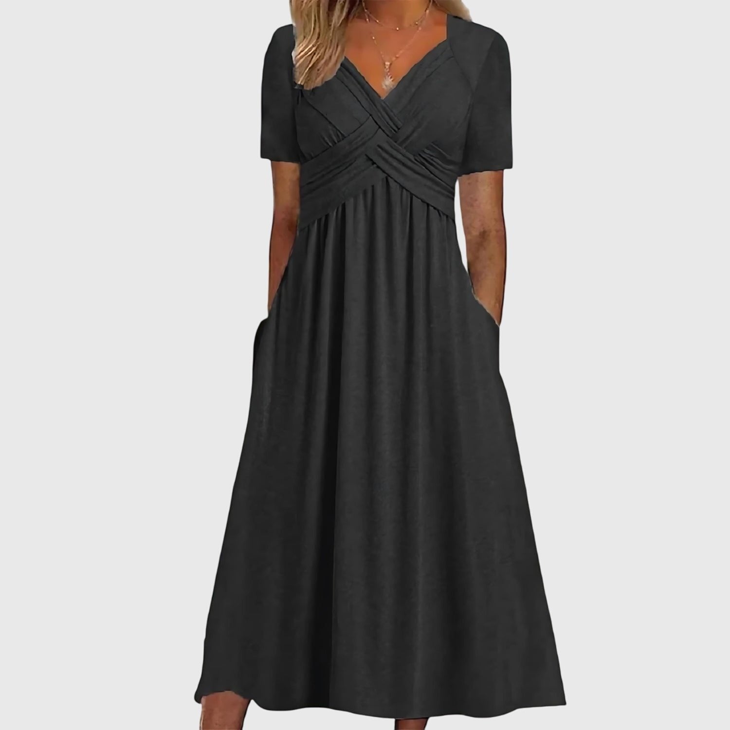 Women's Cross-Wrap V-Neck Ruched A-Line Midi Dress Pockets - Black