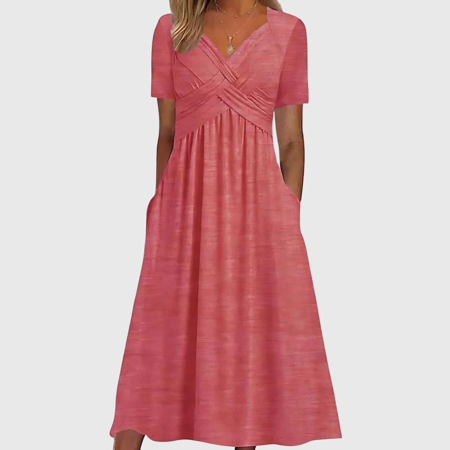Women's Cross-Wrap V-Neck Ruched A-Line Midi Dress Pockets - Pink