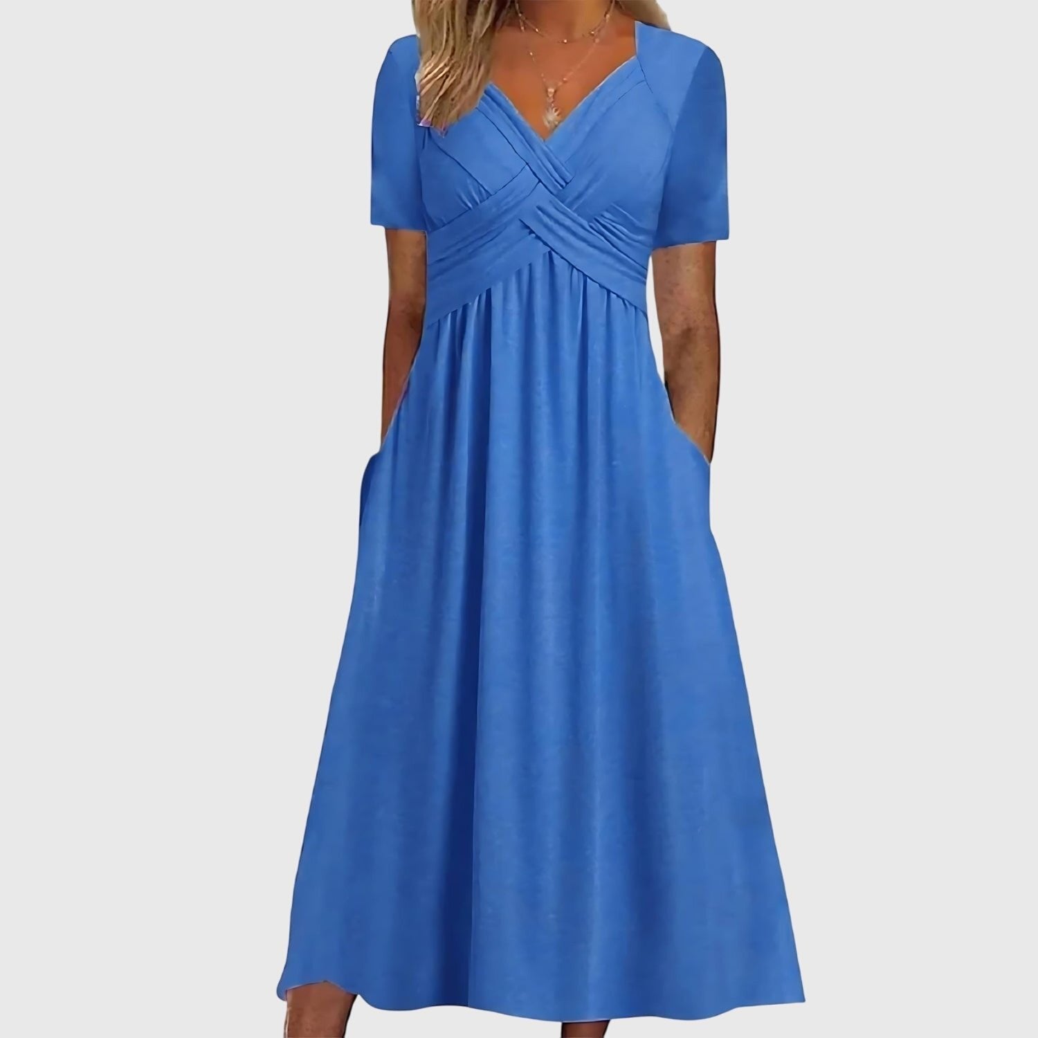 Women's Cross-Wrap V-Neck Ruched A-Line Midi Dress Pockets - Blue