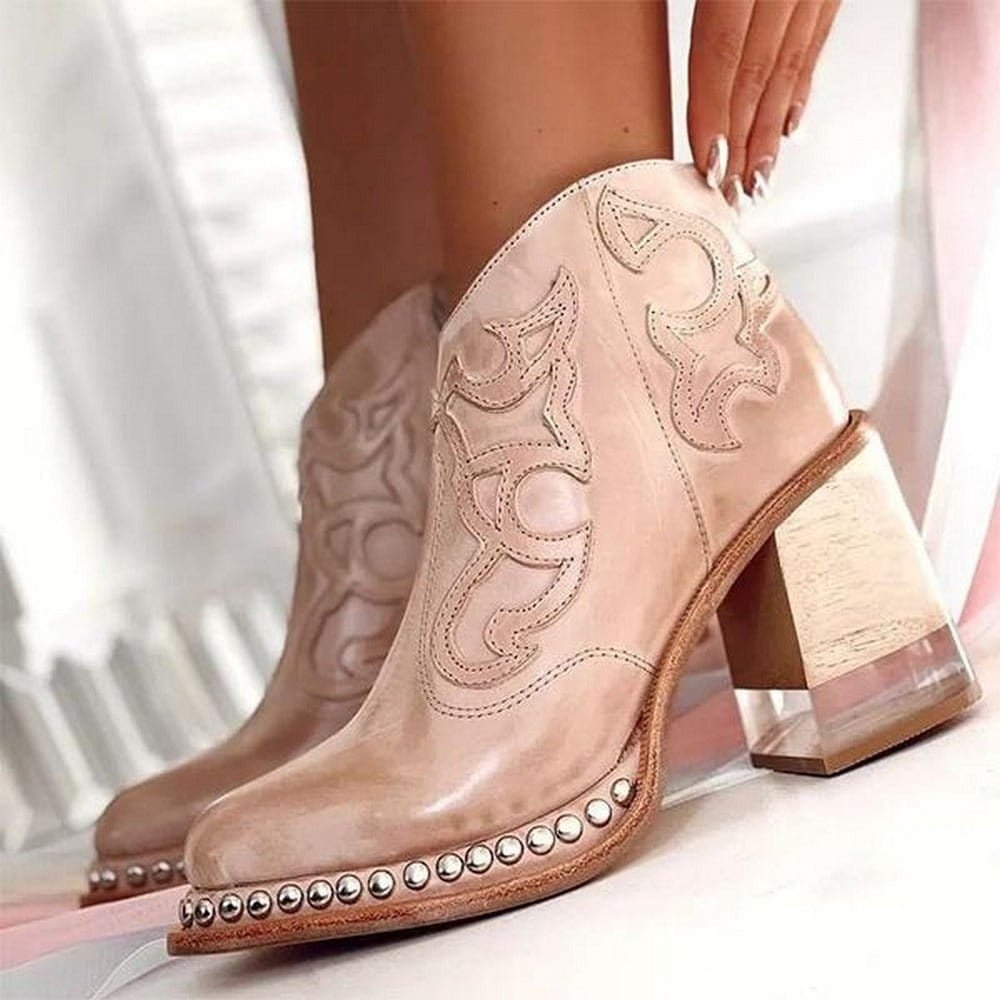 Women's Embroidered Western Ankle Boots Block Heel Studded - Dune Pink