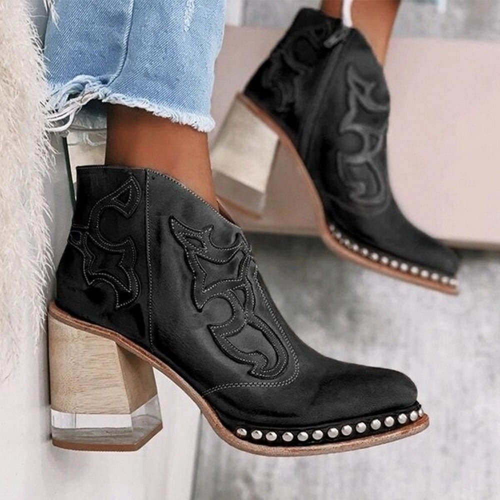 Women's Embroidered Western Ankle Boots Block Heel Studded - Santafe Black