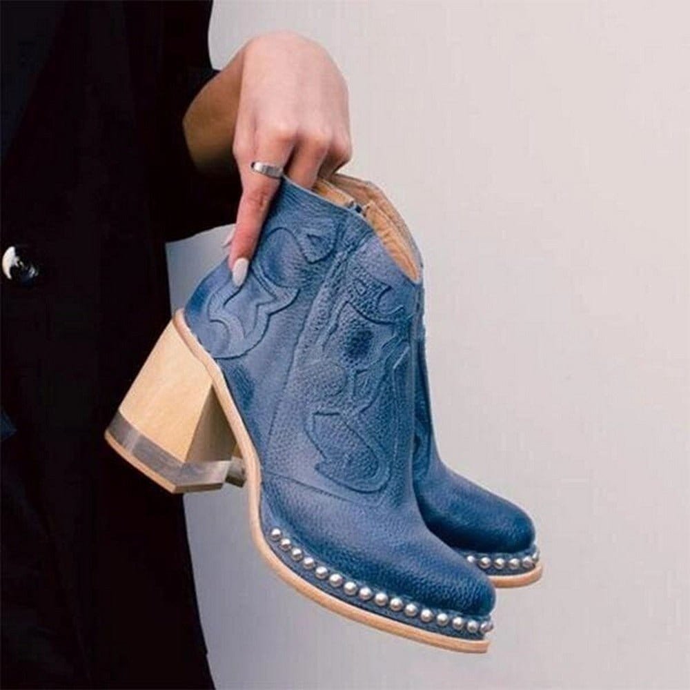Women's Embroidered Western Ankle Boots Block Heel Studded - Capri Blue