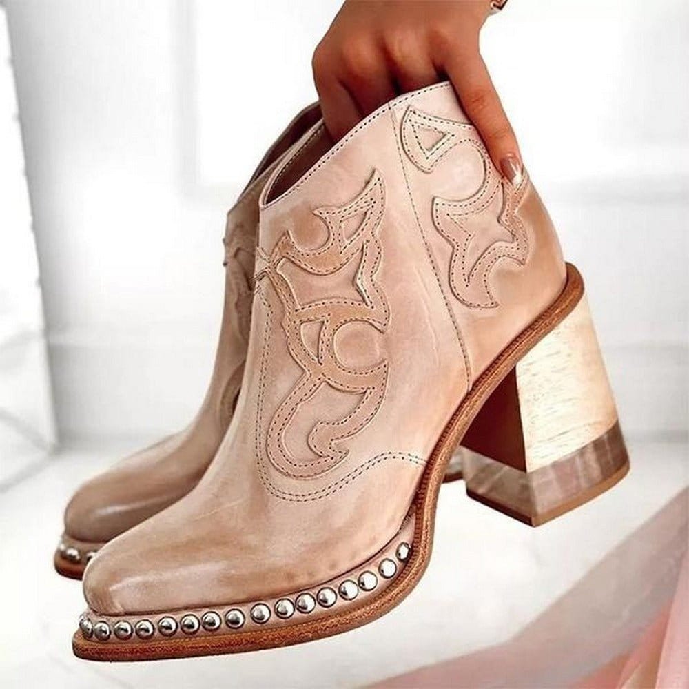 Women's Embroidered Western Ankle Boots Block Heel Studded