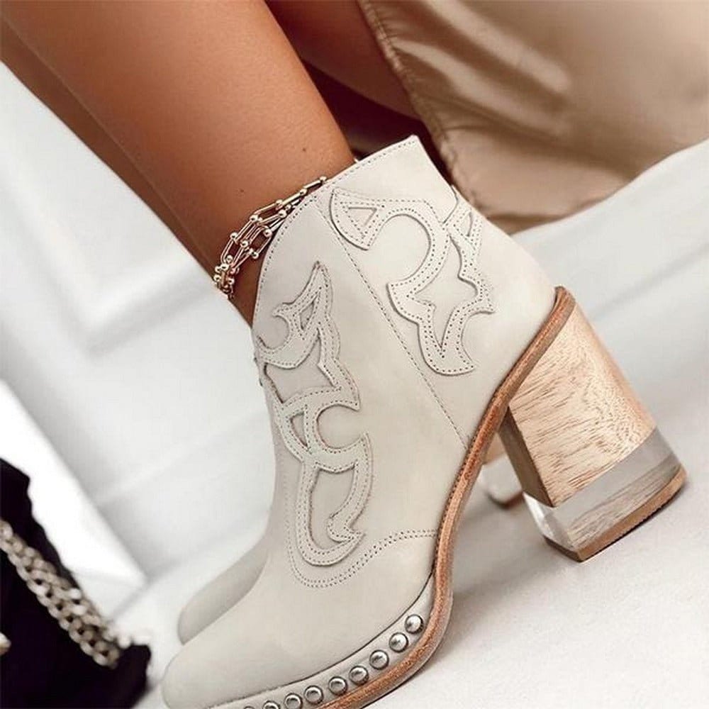 Women's Embroidered Western Ankle Boots Block Heel Studded