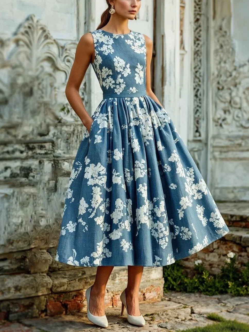 Women's Floral A-Line Sleeveless Pleated Midi Dress - Blue