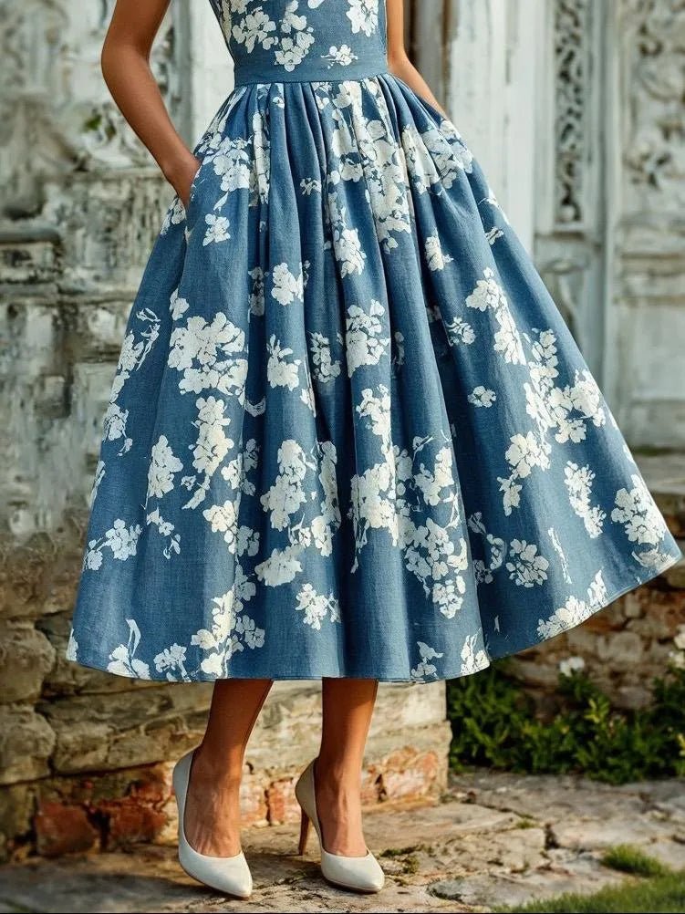Women's Floral A-Line Sleeveless Pleated Midi Dress