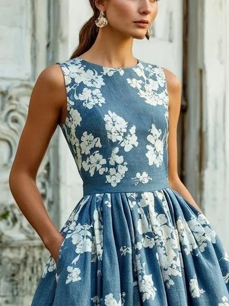 Women's Floral A-Line Sleeveless Pleated Midi Dress