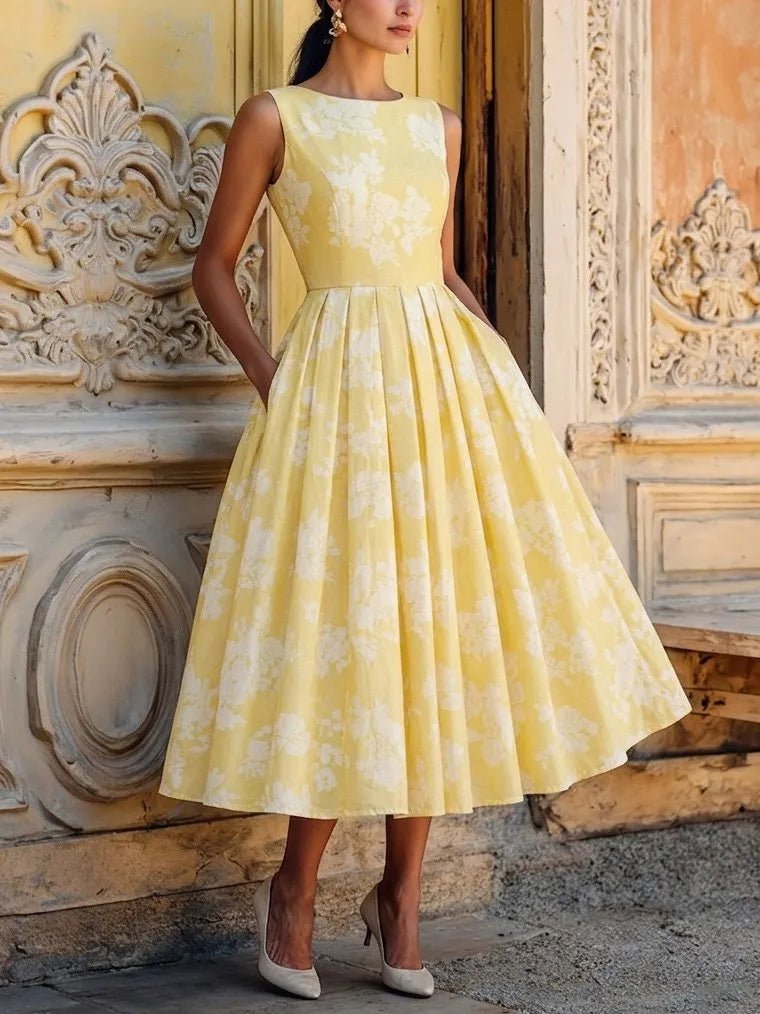 Women's Floral A-Line Sleeveless Pleated Midi Dress - Yellow