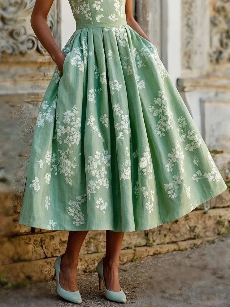 Women's Floral A-Line Sleeveless Pleated Midi Dress