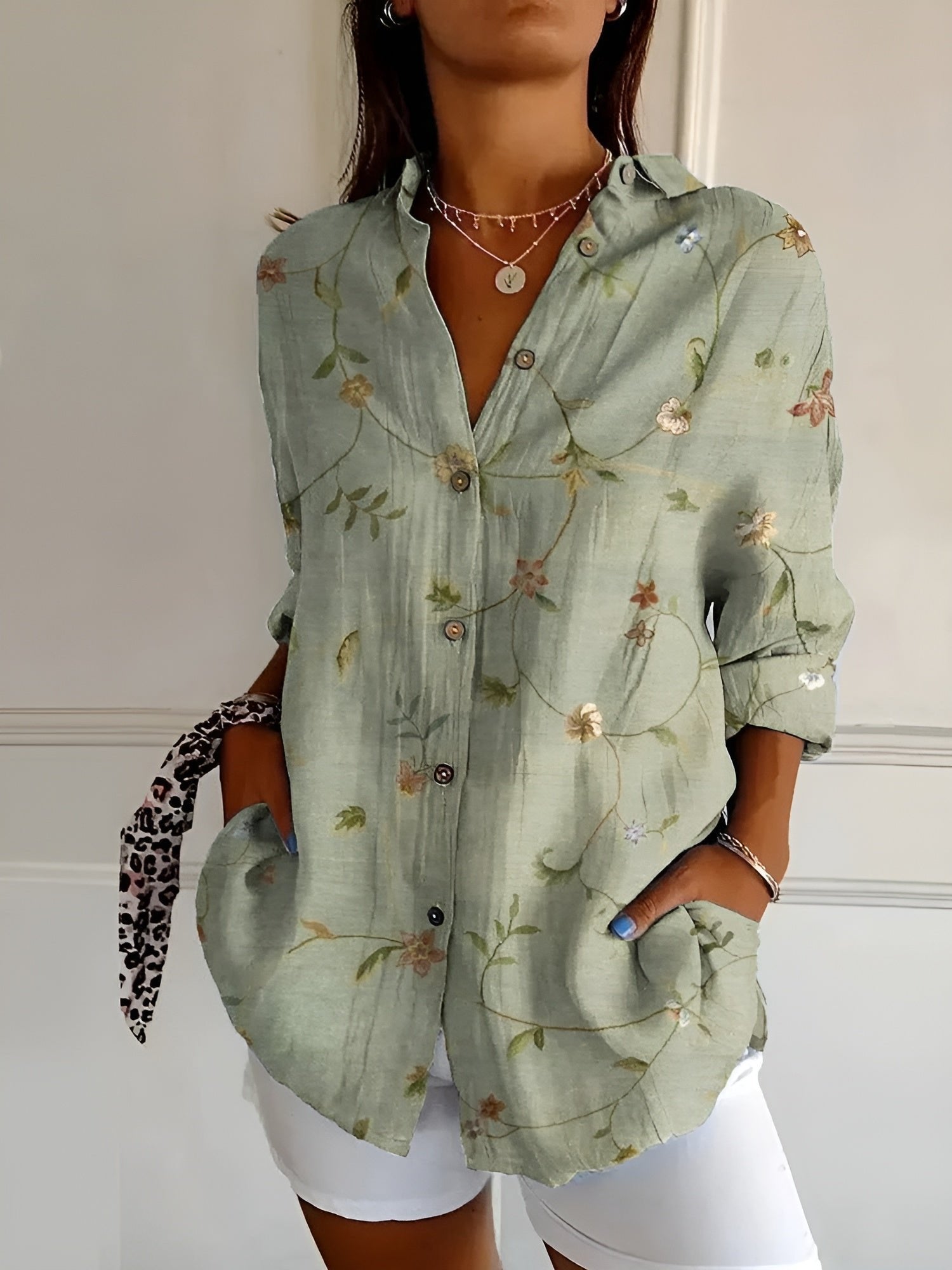 Women's Floral Button-Down Relaxed-Fit Long-Sleeve Blouse - Green