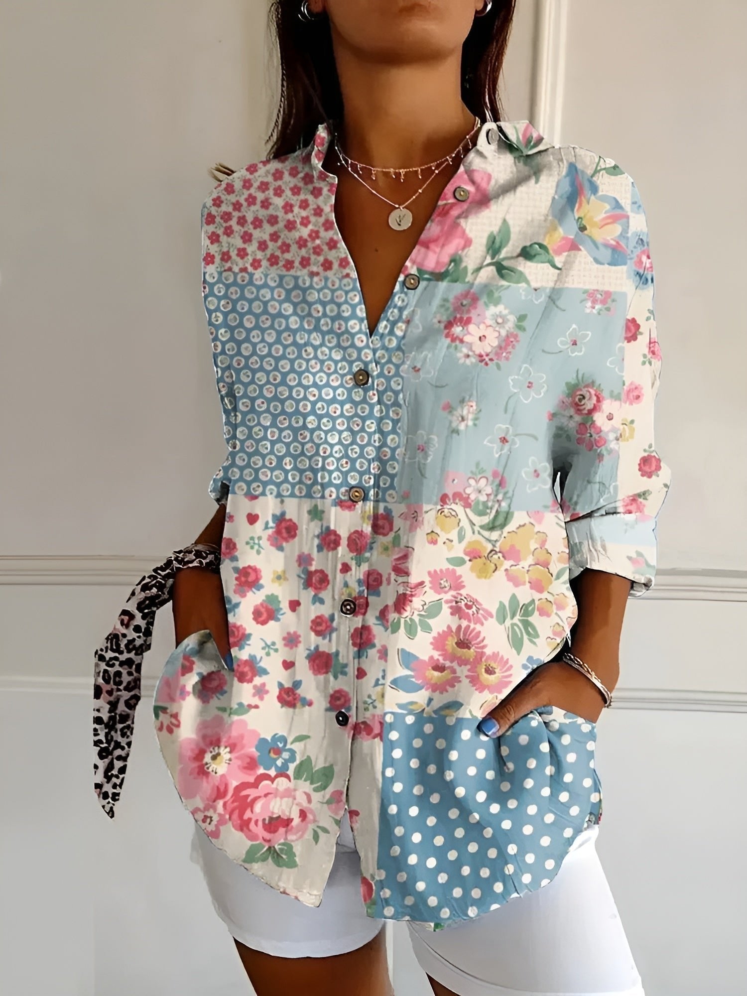 Women's Floral Button-Down Relaxed-Fit Long-Sleeve Blouse - Blue Flower