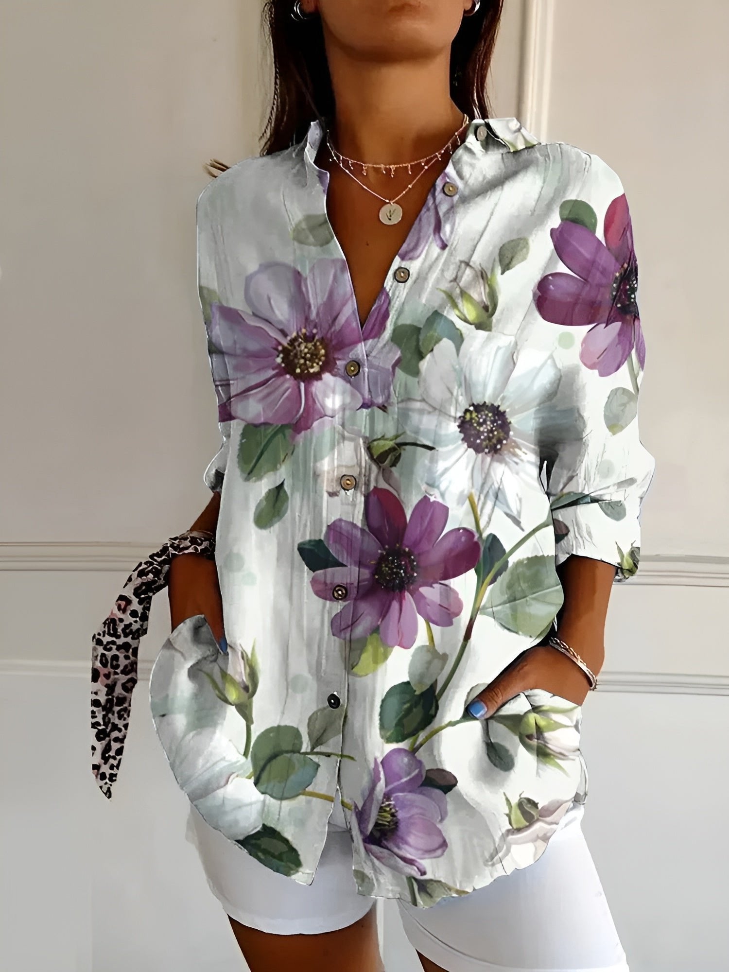 Women's Floral Button-Down Relaxed-Fit Long-Sleeve Blouse - Purple Flowers