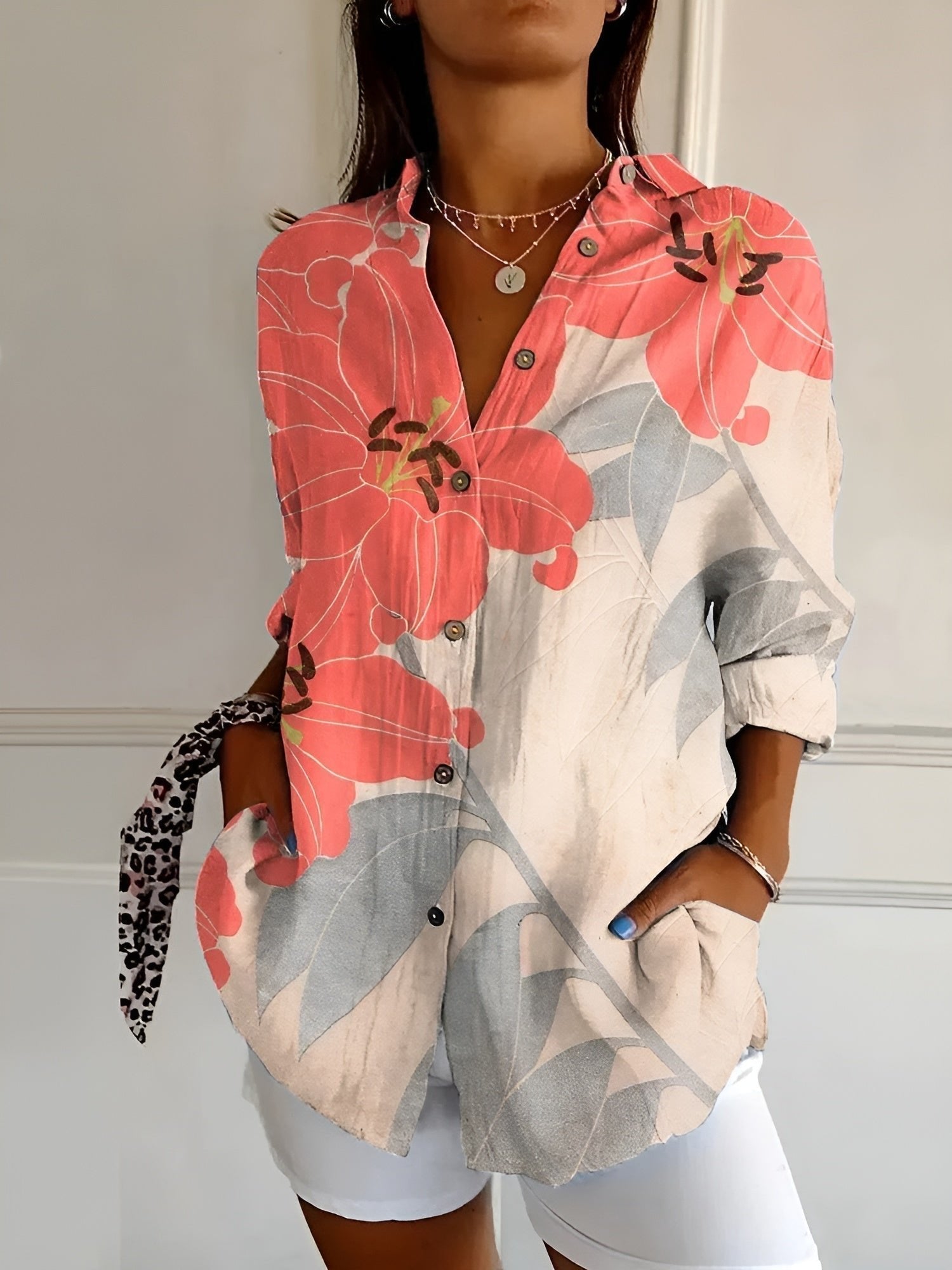 Women's Floral Button-Down Relaxed-Fit Long-Sleeve Blouse - Orange Flower