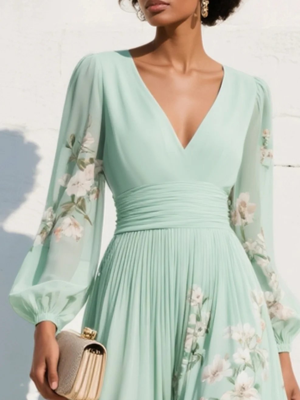 Women's Floral Chiffon Balloon-Sleeve V-Neck Midi Dress