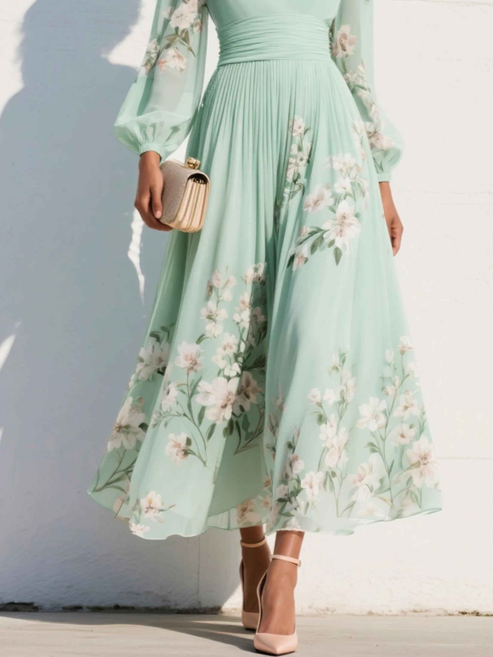 Women's Floral Chiffon Balloon-Sleeve V-Neck Midi Dress