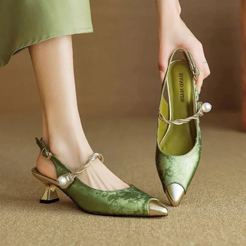 Women's Floral Jacquard Kitten Heel Pearl Strap Slingback Pumps - Green
