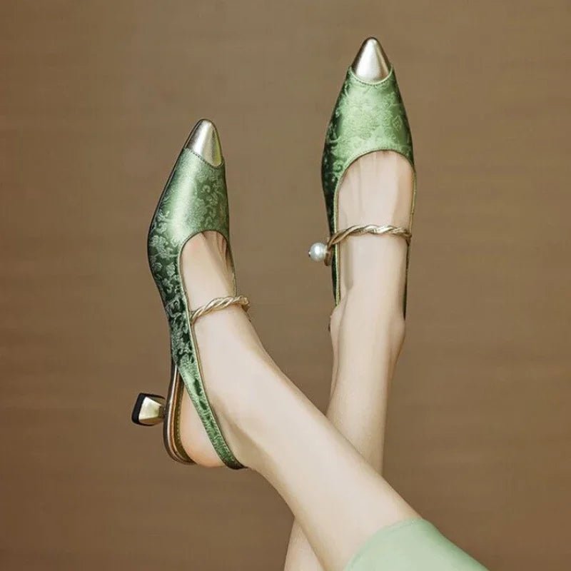 Women's Floral Jacquard Kitten Heel Pearl Strap Slingback Pumps