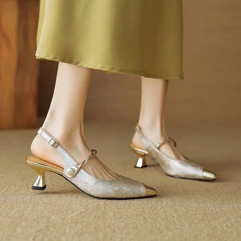 Women's Floral Jacquard Kitten Heel Pearl Strap Slingback Pumps - Beige