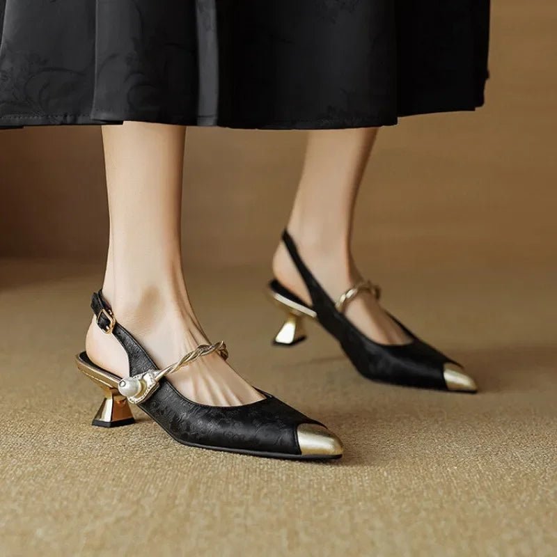 Women's Floral Jacquard Kitten Heel Pearl Strap Slingback Pumps - Black