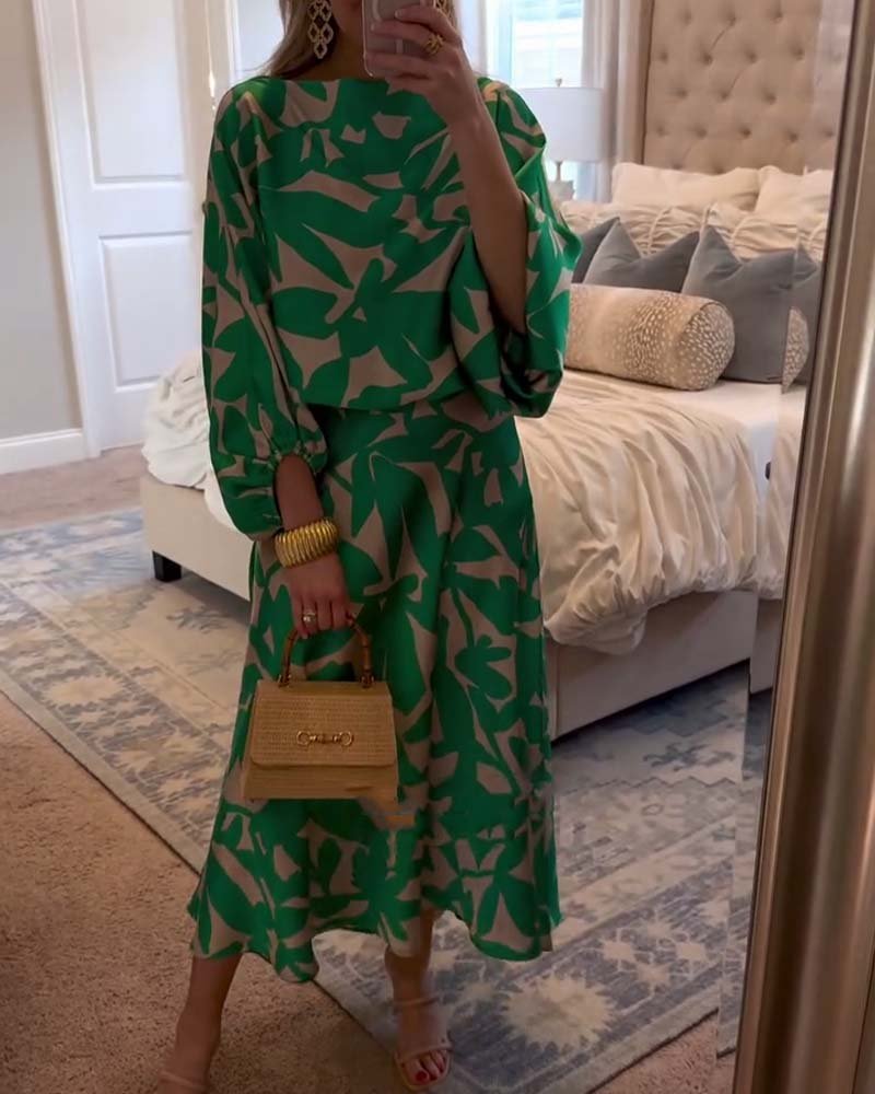 Women's Floral-Print Lantern-Sleeve Two-Piece Midi Skirt Set - Green
