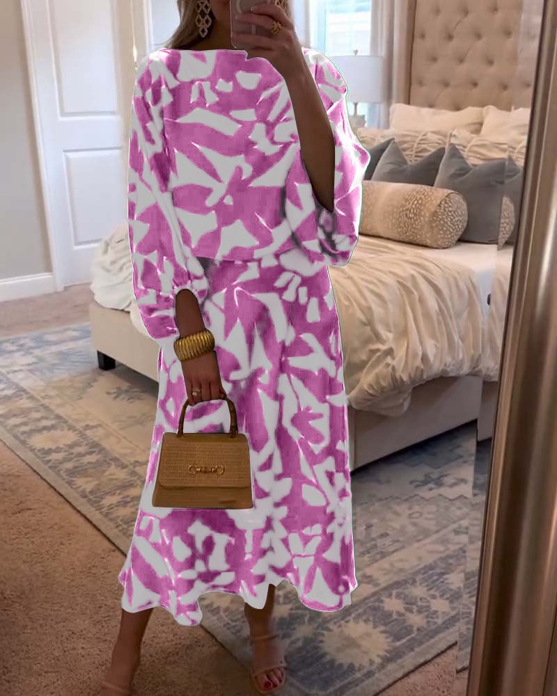 Women's Floral-Print Lantern-Sleeve Two-Piece Midi Skirt Set - Pink