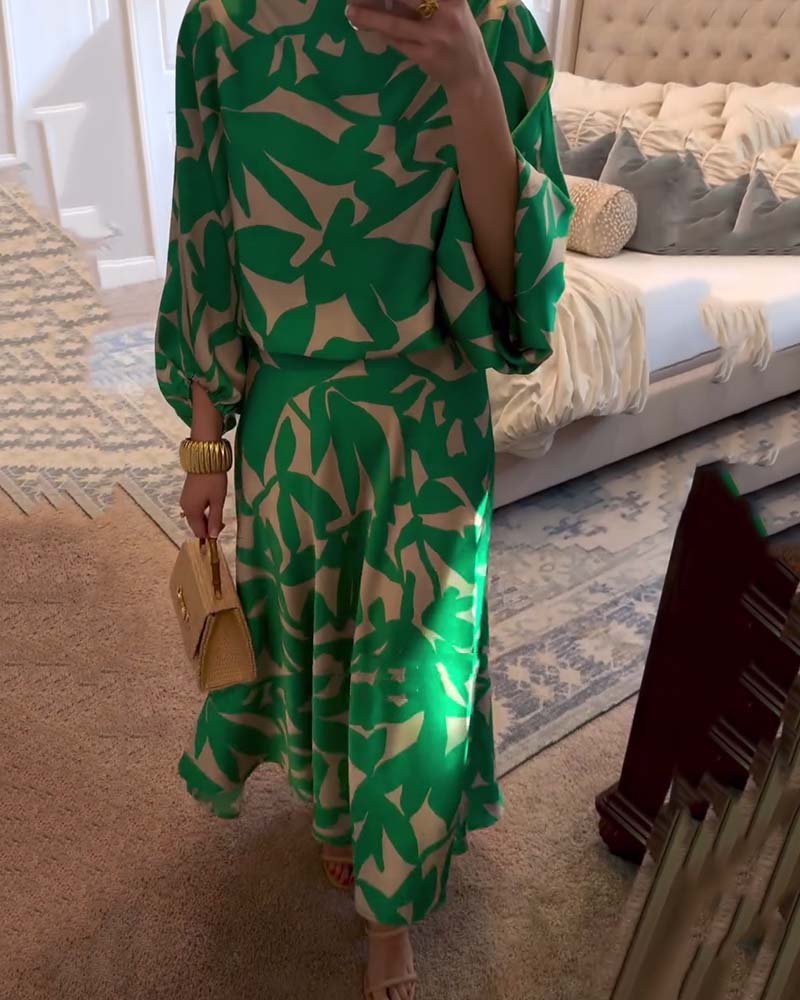 Women's Floral-Print Lantern-Sleeve Two-Piece Midi Skirt Set