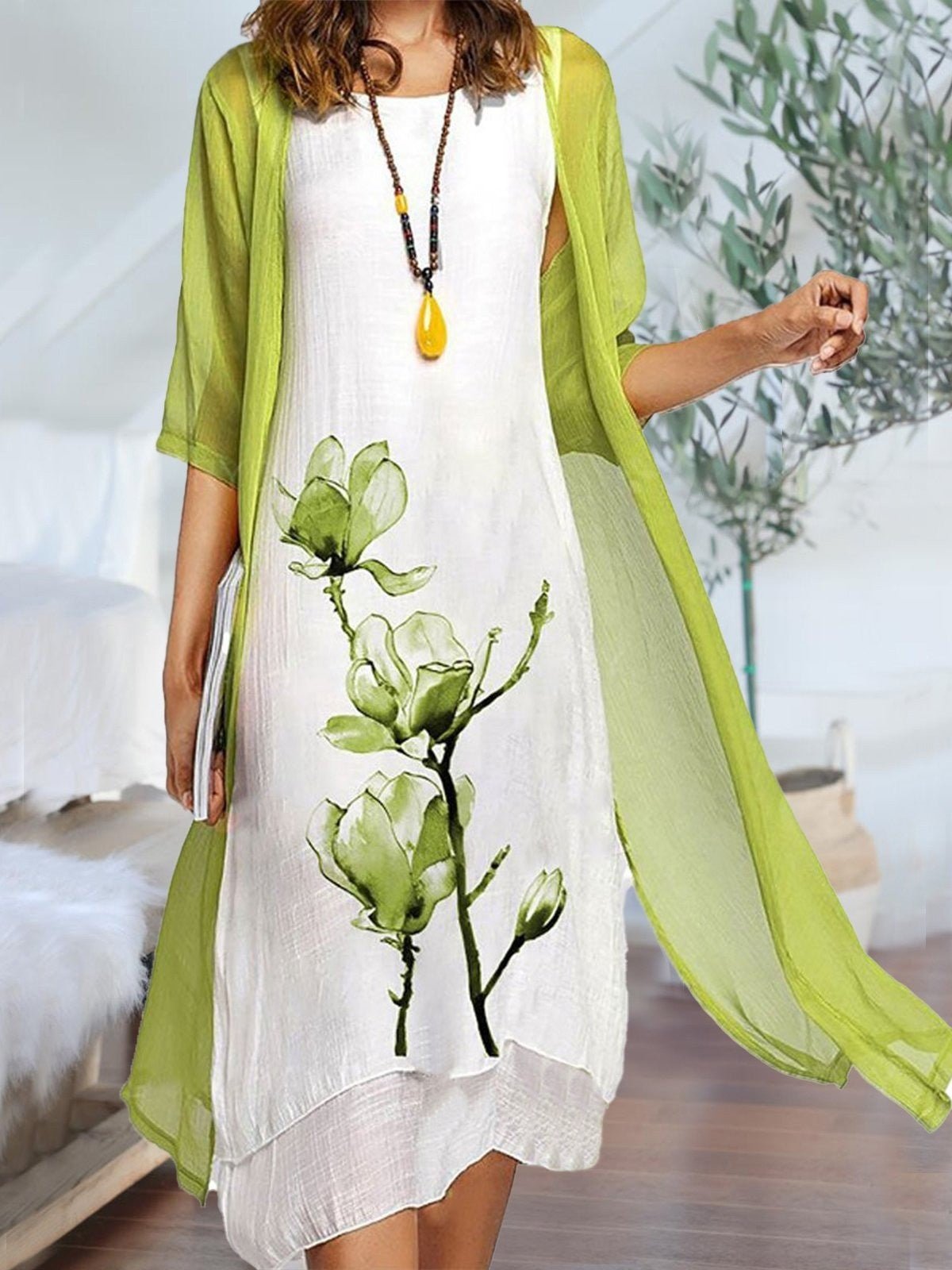 Women's Floral-Print Sleeveless Linen Midi Dress Chiffon Cardigan Two-Piece Set - Light Green