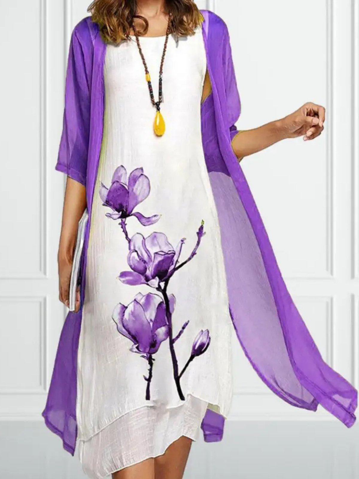 Women's Floral-Print Sleeveless Linen Midi Dress Chiffon Cardigan Two-Piece Set - Purple