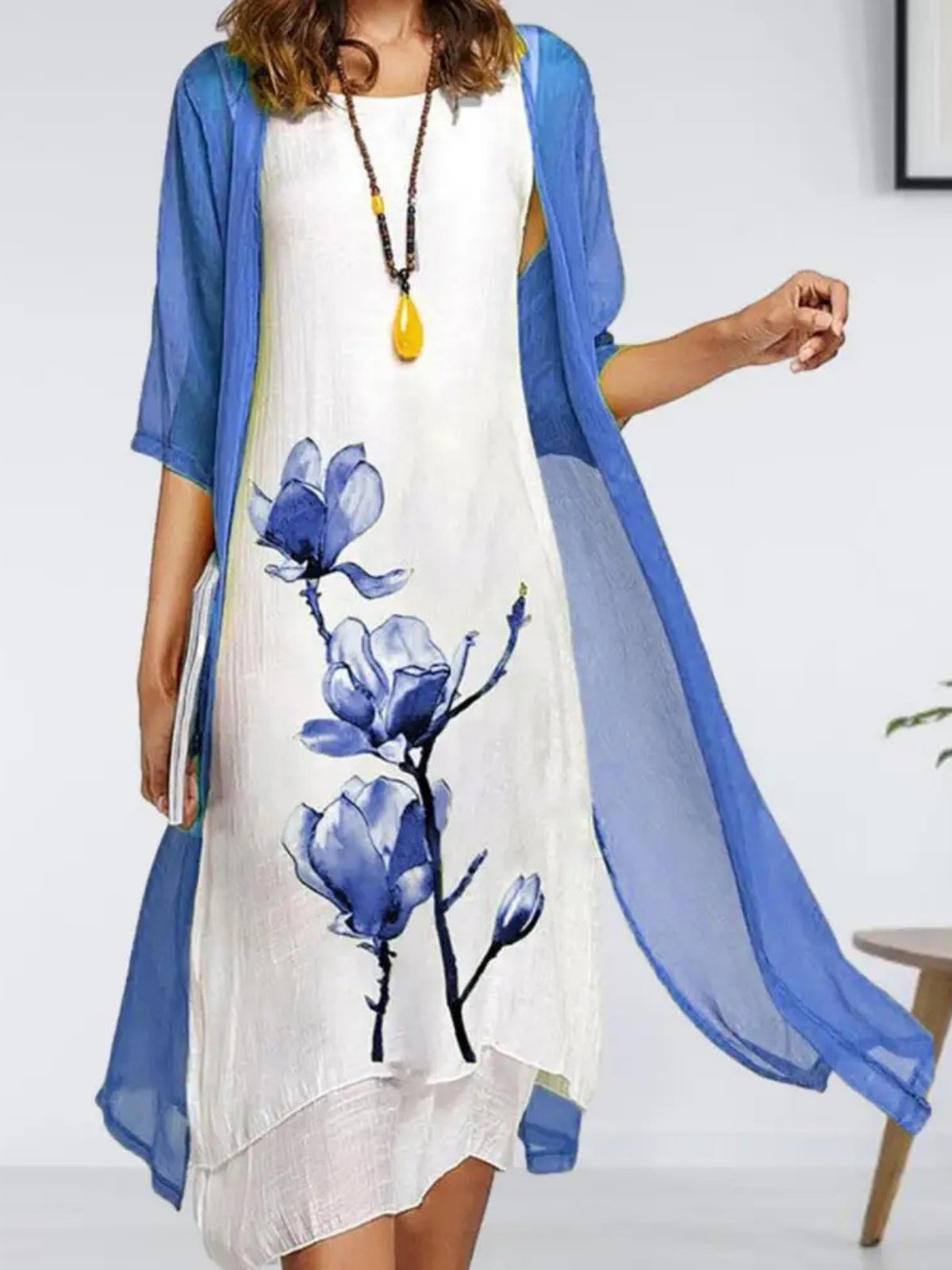 Women's Floral-Print Sleeveless Linen Midi Dress Chiffon Cardigan Two-Piece Set - Blue