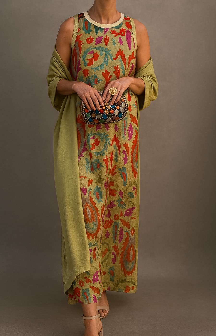 Women's Floral-Print Sleeveless Maxi Dress Shawl Set - Green