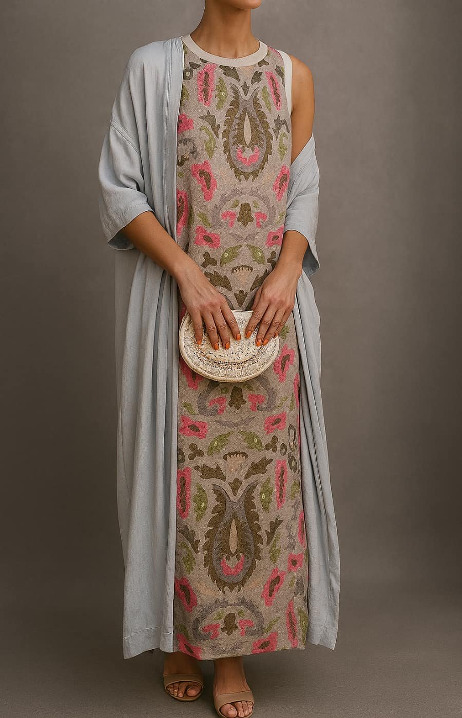 Women's Floral-Print Sleeveless Maxi Dress Shawl Set - Khaki