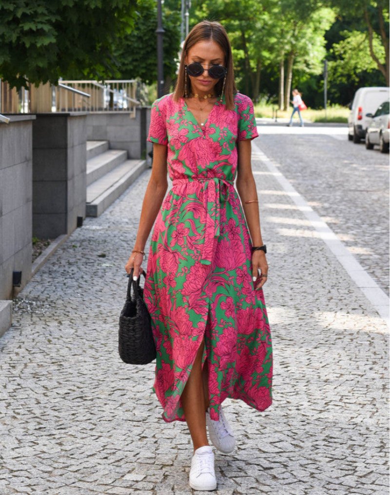 Women's Floral Print Wrap V-Neck Tie-Waist Cotton Midi Dress - Dark Pink