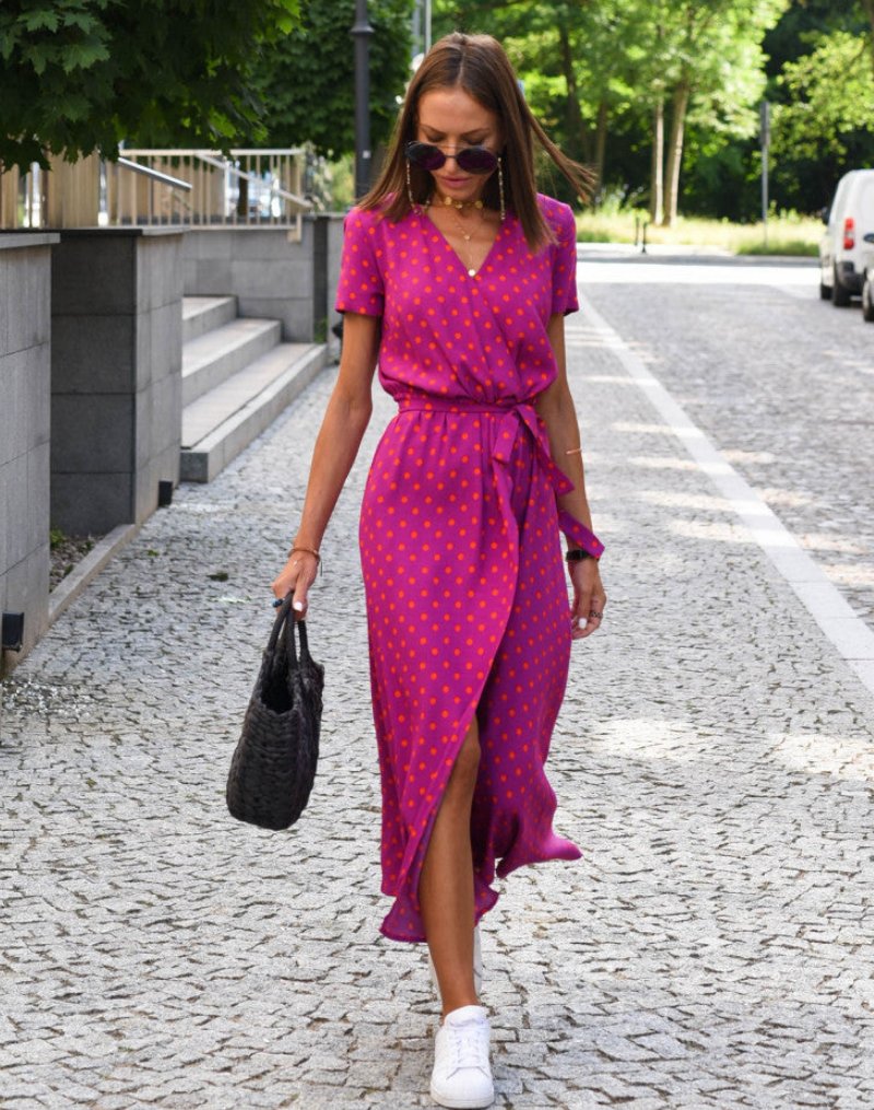 Women's Floral Print Wrap V-Neck Tie-Waist Cotton Midi Dress - Fuschia