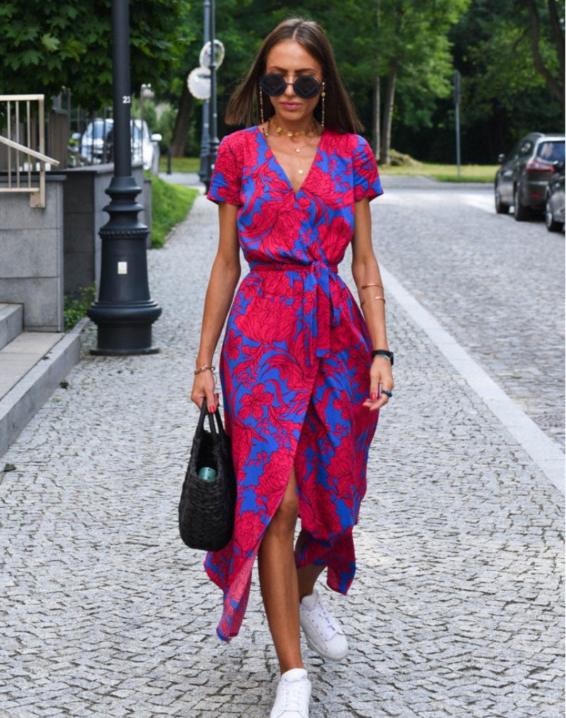 Women's Floral Print Wrap V-Neck Tie-Waist Cotton Midi Dress - Red