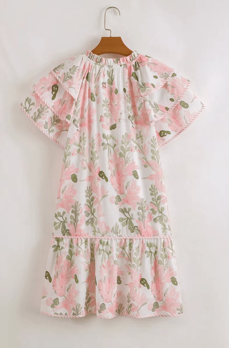 Women's Floral Ruffle-Sleeve Tiered Mini Swing Dress