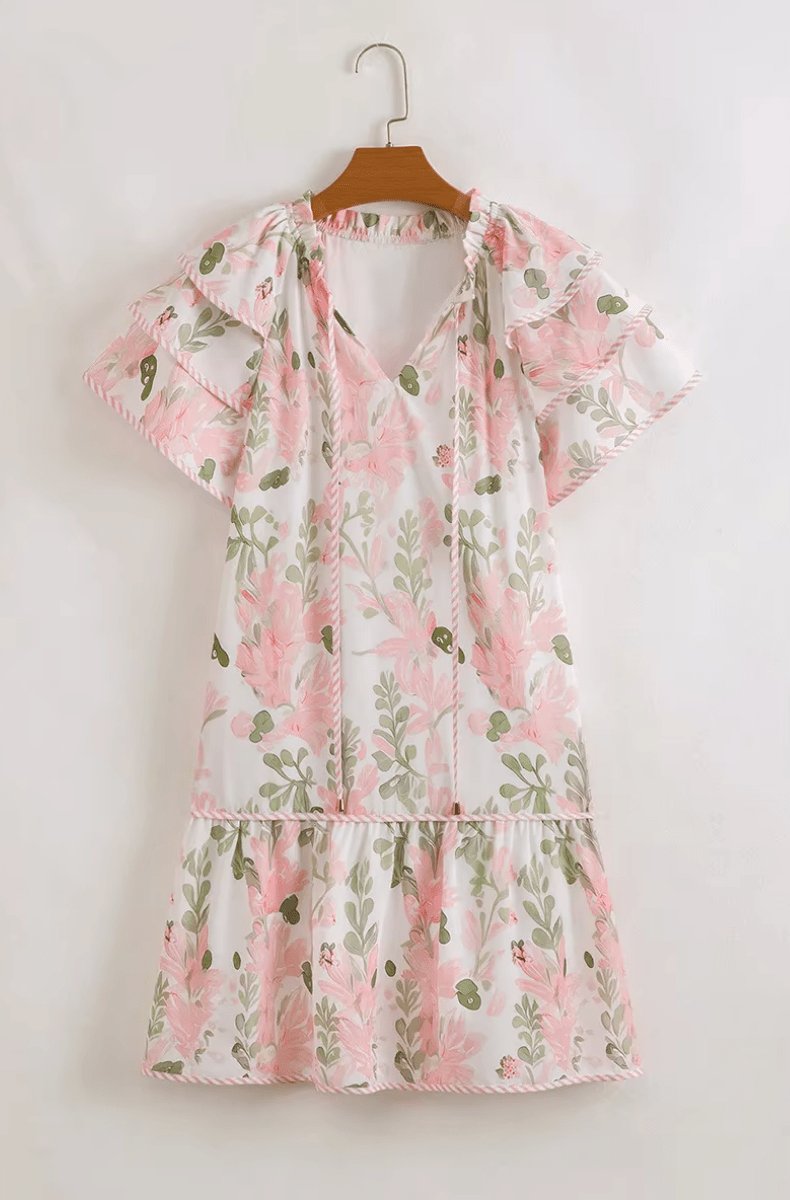 Women's Floral Ruffle-Sleeve Tiered Mini Swing Dress