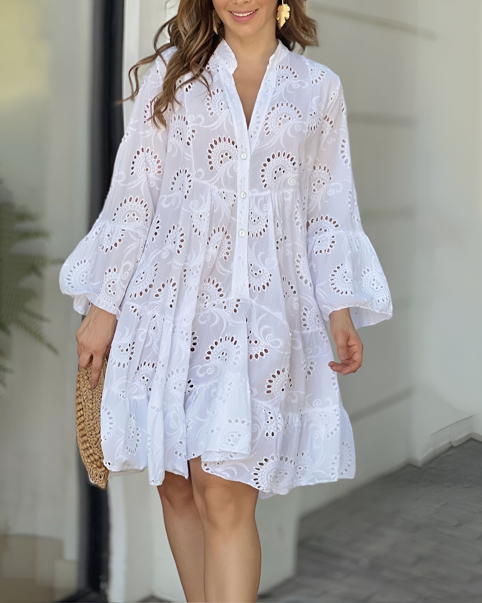 Women's Flowy Eyelet Embroidered Button-Down Mini Shirt Dress - White