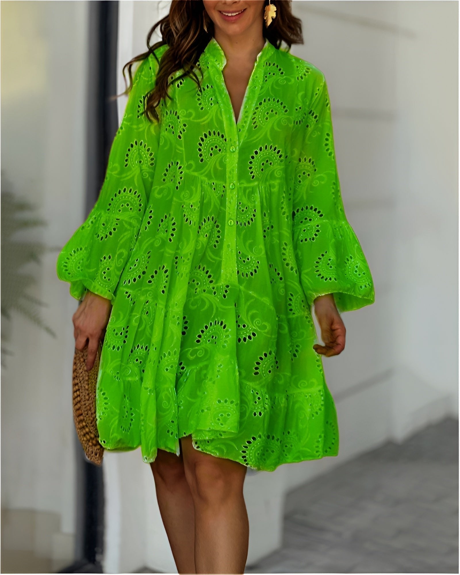 Women's Flowy Eyelet Embroidered Button-Down Mini Shirt Dress - Green