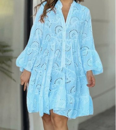 Women's Flowy Eyelet Embroidered Button-Down Mini Shirt Dress - Blue