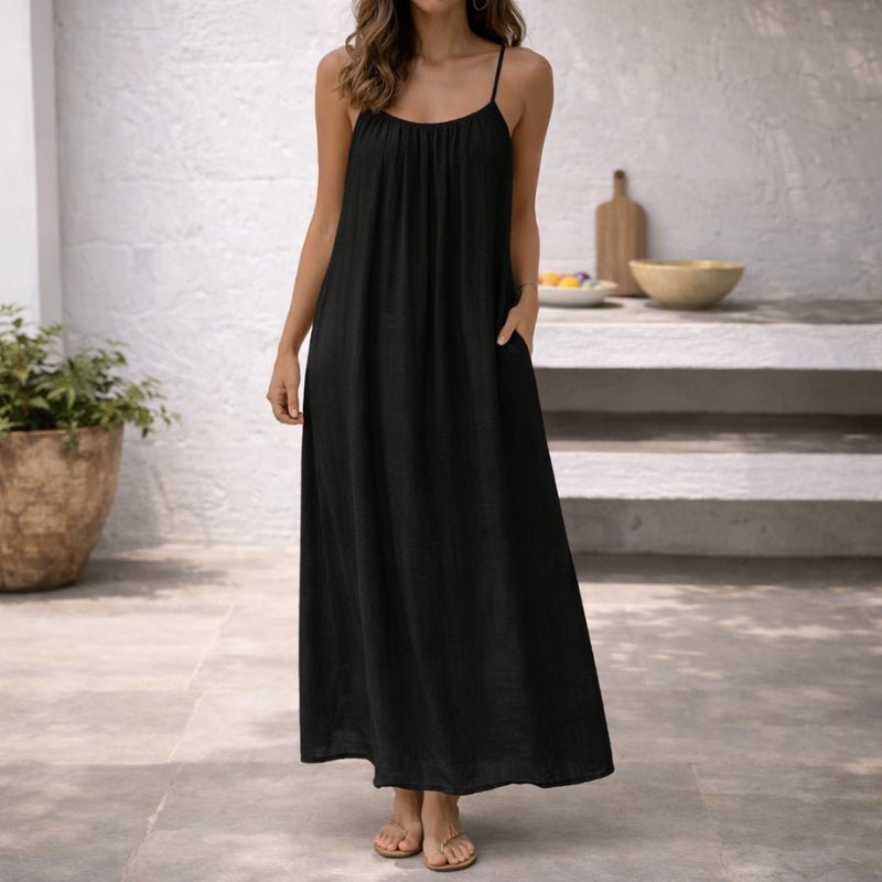 Women's Flowy Spaghetti Strap Linen Maxi Dress Pockets