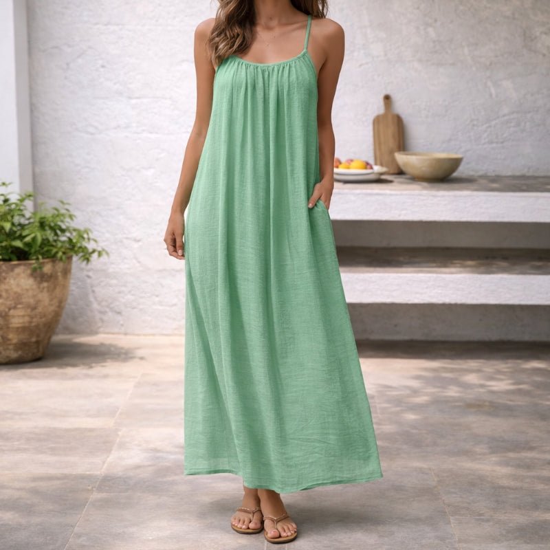 Women's Flowy Spaghetti Strap Linen Maxi Dress Pockets