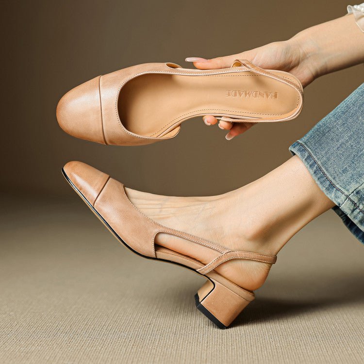 Women's Genuine Leather Slingback Block-Heel Pumps - Apricot