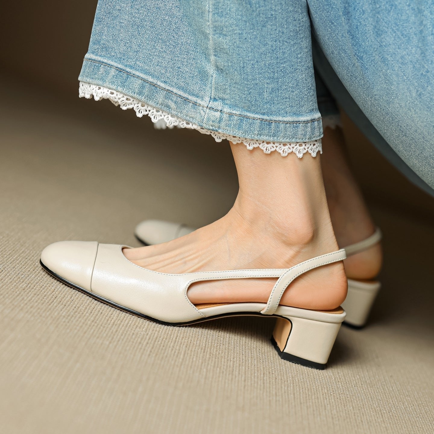 Women's Genuine Leather Slingback Block-Heel Pumps